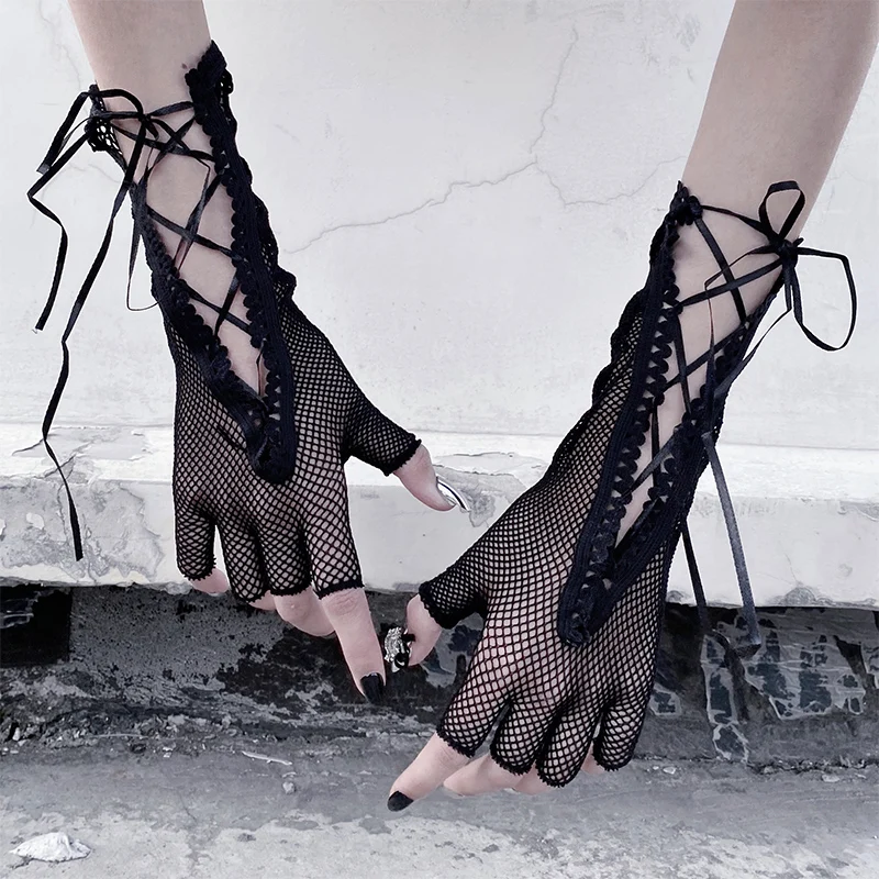 

Women Fingerless Mesh Lace-Up Gloves Sexy Lace Fishnet Elasticity Hollow Cross Ribbon Punk Hip Hop Half Finger Dance Mittens K82