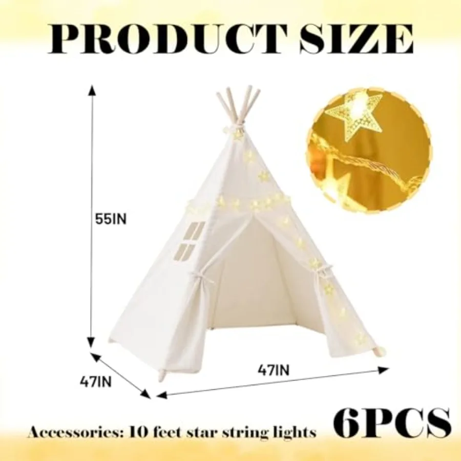 6 Pack Teepee Tent for:Indoor Outdoor Slumber Party Sleepover Tent, Cotton Canvas, White, Collapsible with 10 Ft String Lights