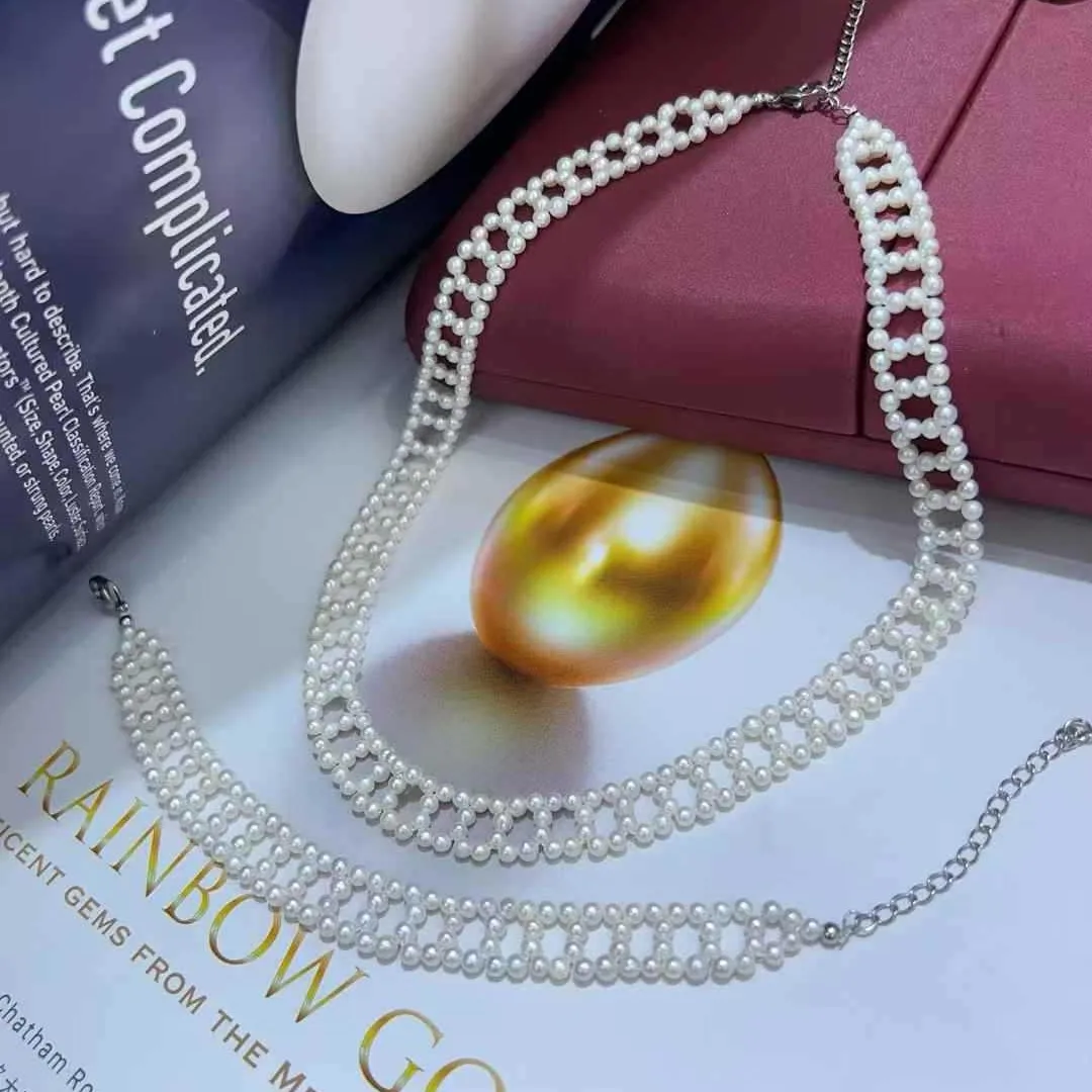 

2-5mm Freshwater Pearl Lace Necklace, Vintage Sweet Handmade Crochet Design, Romantic Pearl Jewelry for Women & Bridal Gift