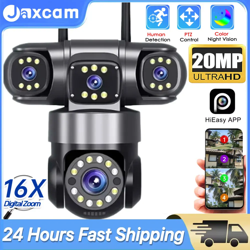 

Камера WIFI, 20 МП, 4 объектива, 4 экрана, 16-кратный зум, водонепроницаемая, 360 ° PTZ-управление, автоматическое отслеживание, CCTV, видеобезопасность, HiEasy APP