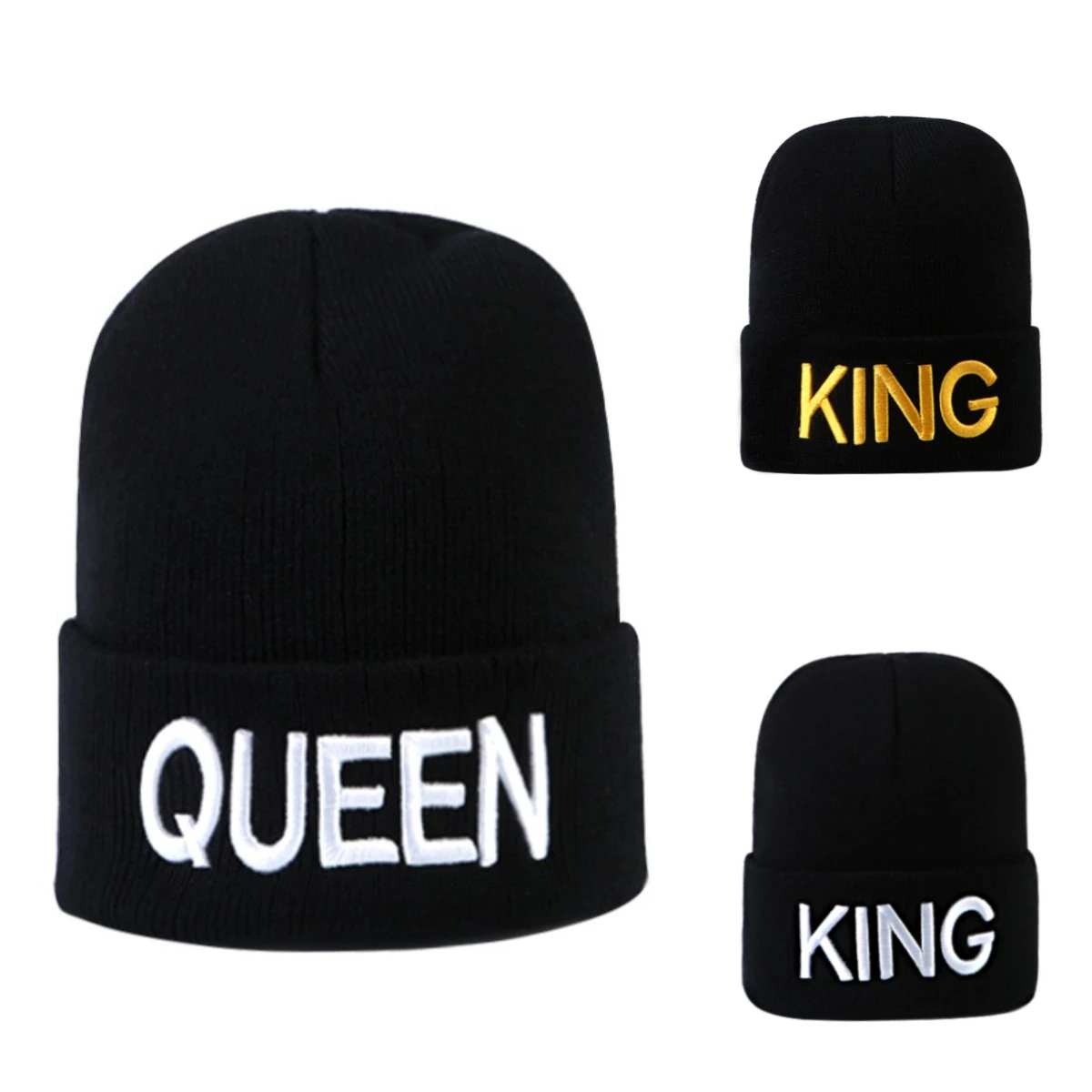 

KING QUEEN Letter Embroidery Knitted Hat Woman's Autumn and Winter Warm Casual Hooded Hat Hip-hop Street Hat Men's Brimless Cap