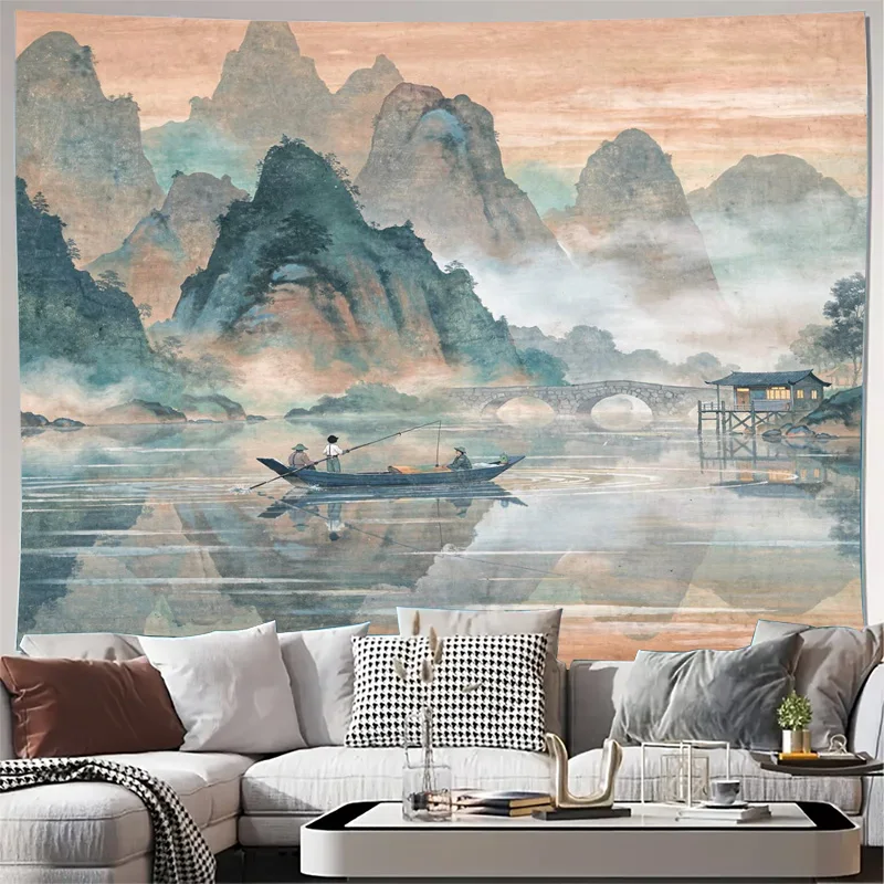 Elegant Chinese Landscape Tapestry Wall Hanging Watercolor Mountain Mist Art Decor Print Oriental Home Decor Ethnic Living Room
