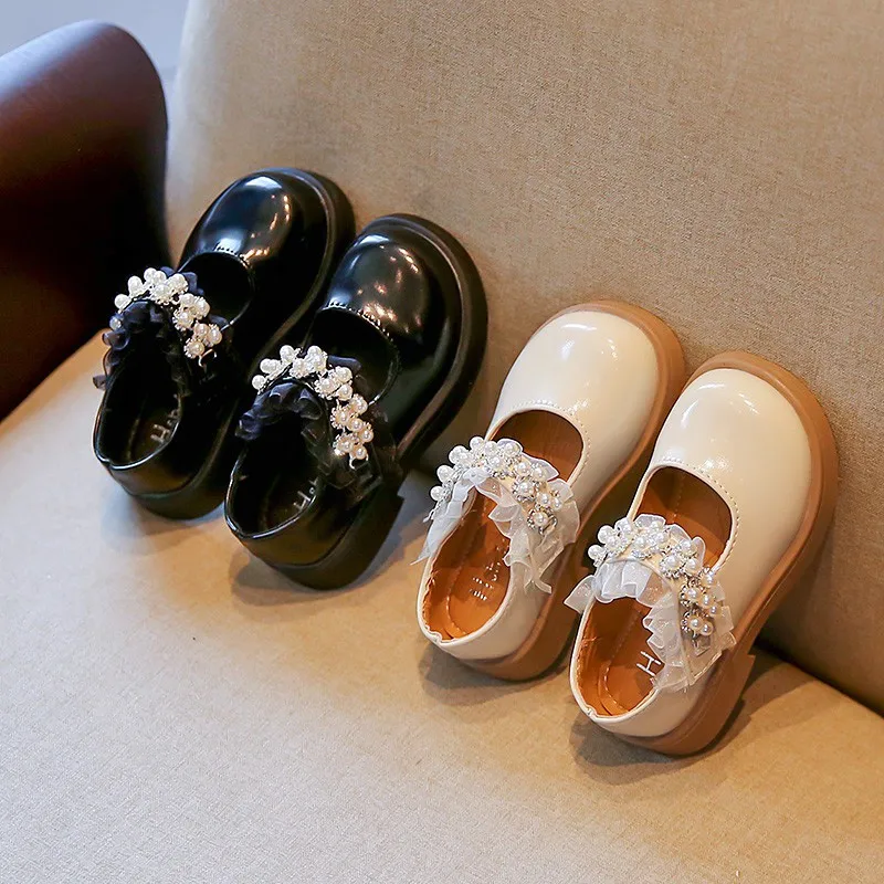 

Spring Autumn Kids Leather Shoes Girls Pearl Birthday Wedding Shoes Single Shoes Children Princess Shoes Black Beige