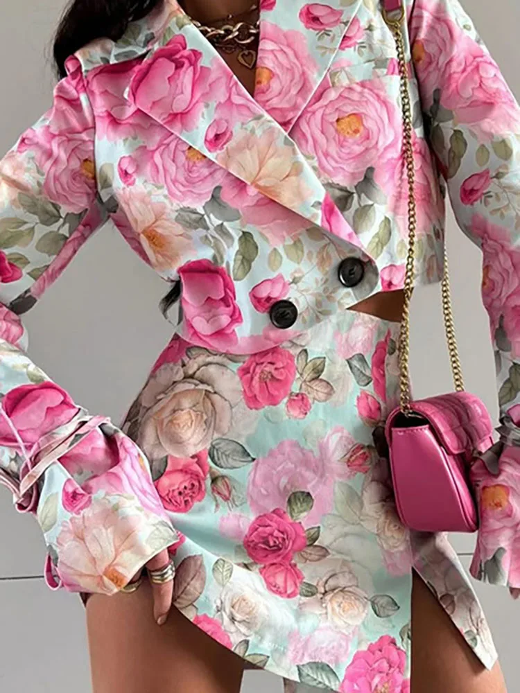 

Elegant High Waist Slim Fit Party Outfit Colorful Floral Print Long Sleeved Women Set Autumn New Lapel Jacket + Mini Skirt Suit