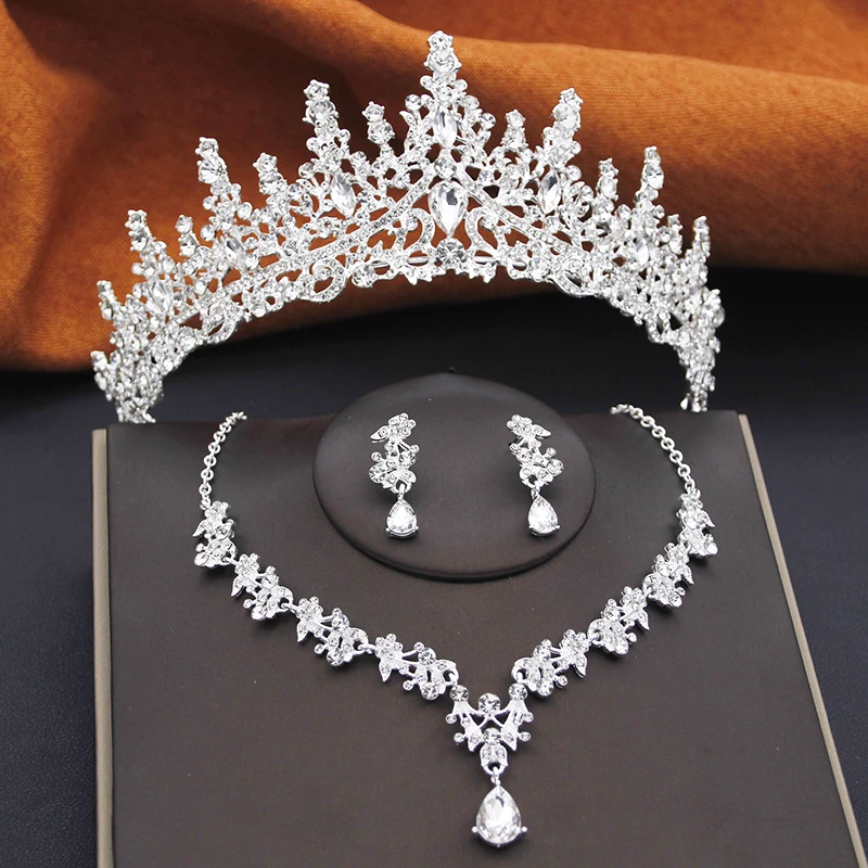 Elegant Bride Tiaras and Necklace Earrings Set Girls 3 pcs Party Birthday Bridal Sets Wedding Crown Jewelry Costume Accessories