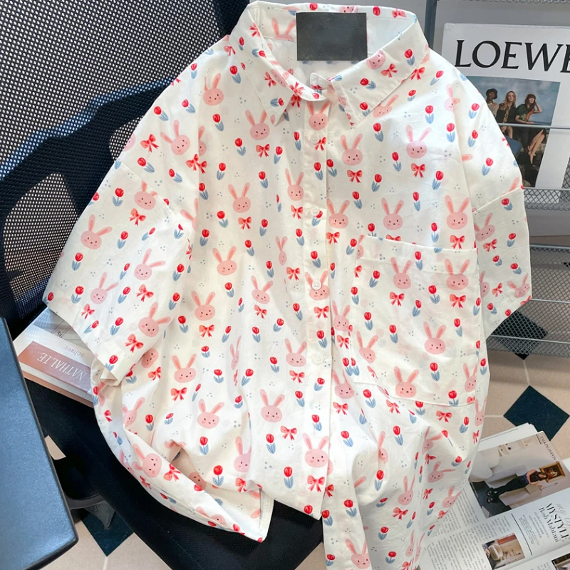 Japanese Kawaii Bunny Flower Print Shirt Women Sweet Loose Short Sleeve Top Summer Fashion 2024 Korean Chic Button Rabbit Blouse