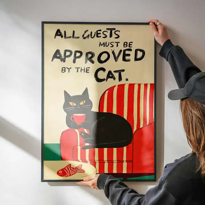 Art mural sur toile vintage « Tous les invités doivent être approuvés par le chat », affiche murale amusante sans cadre pour la décoration du salon et de la chambre à coucher