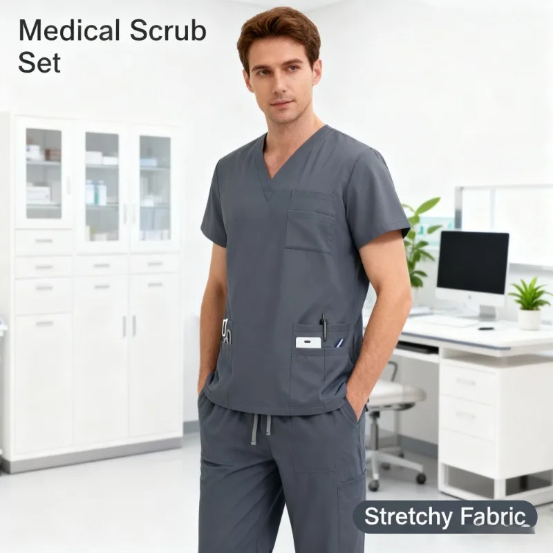 

Frosted Scrubs Set Breathable Short Sleeve Top and Straight Pants for Pet Care and Grooming Staff Unisex Design