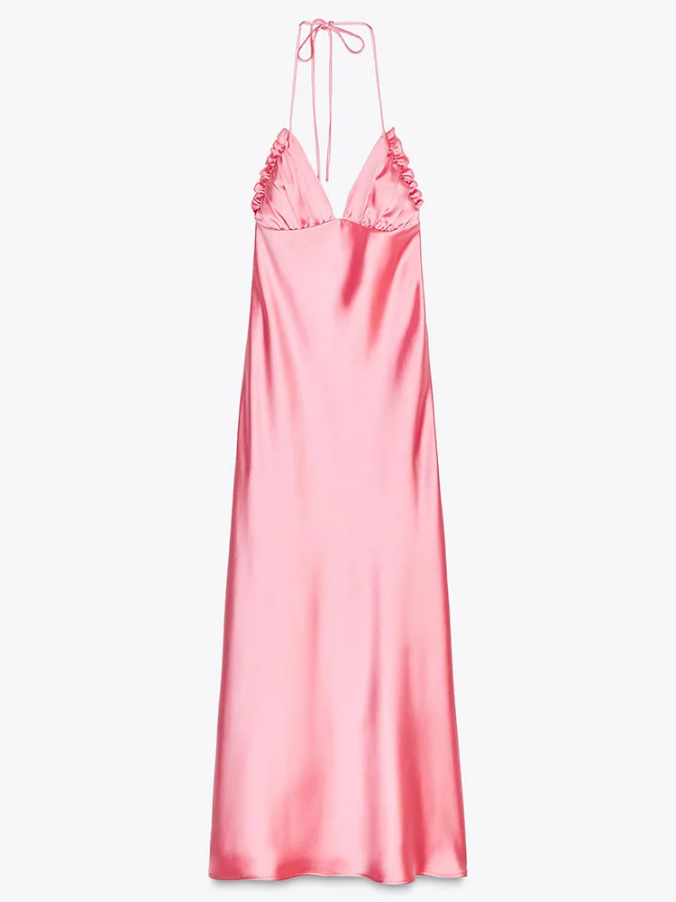 Ele Satin Feel Svel Neline Dr Neues Frühjahr 2025, langes Damenkleid mit hoher Taille, V-Ne-Farbe, lässig, Dr
