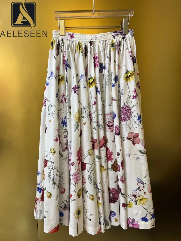 AELESEEN Runway Fashion 100% Cotton Skirt Women Summer Colorful FlowerPrint White Long Party Holiday Poplin