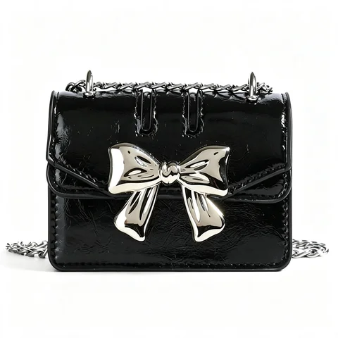 Black Patent Leather Women Crossbody Bag Metal Bow Decor Flap Mini Square Purse Chain Strap Shoulder Handbag Daily Party