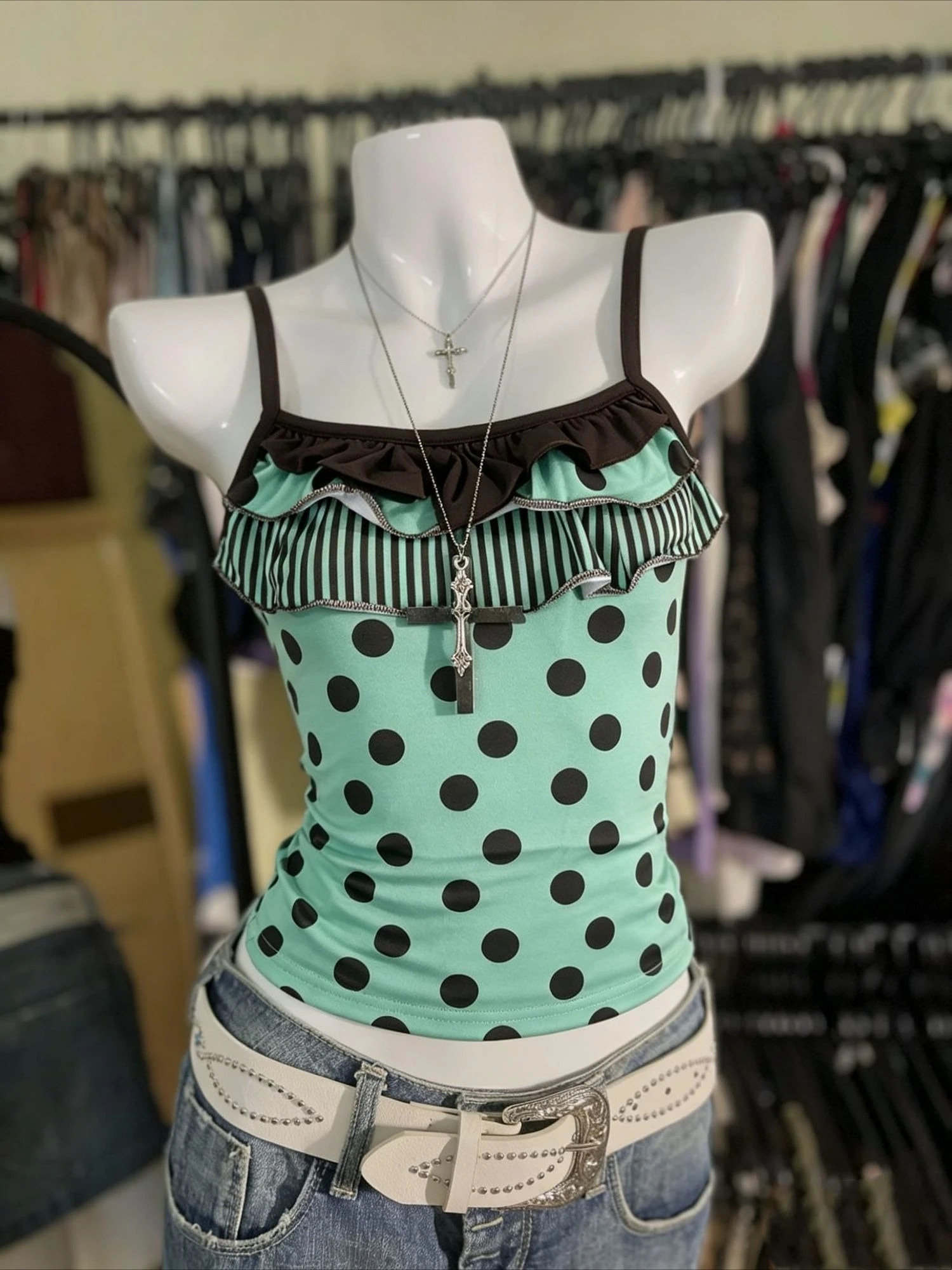 2026 Sommer Damen Y2K Polka Dot Cami Top Lässiges Amerikanisches Retro Sexy Rüschenbesatz Gestreiftes Slim Fit Französischer Stil Top Streetwear