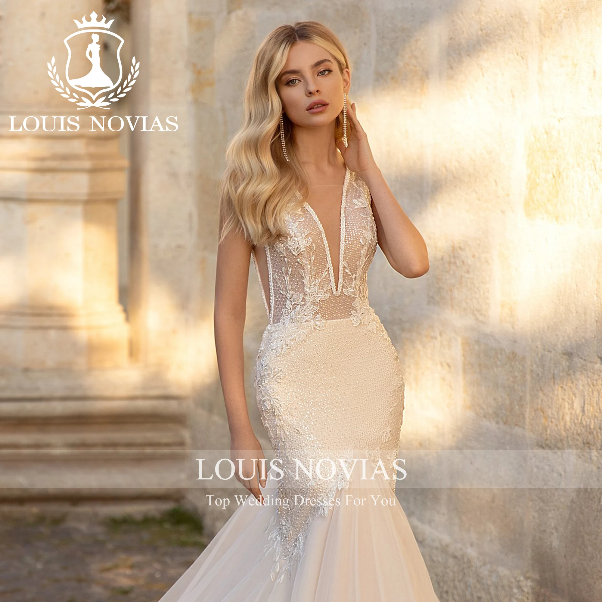 LOUIS NOVIAS 인어 웨딩 원피스, 딥 브이넥 아플리케 구슬 장식, 반투명 매력적인 웨딩 가운, 2023