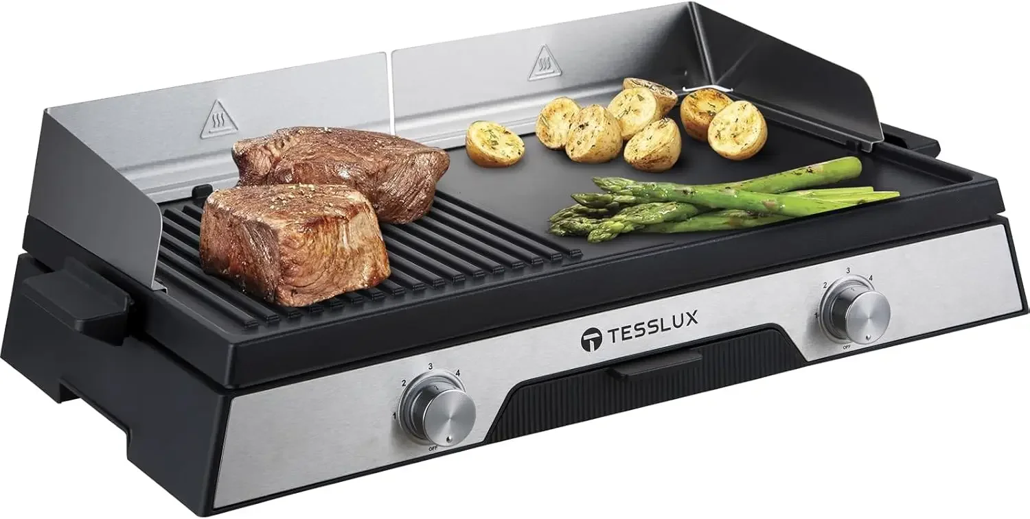 Indoor Grill, 20” Non-stick Griddle Combo, 1600W Fast Heating, Dual Temperature Control, Detachable for Easy Cleaning