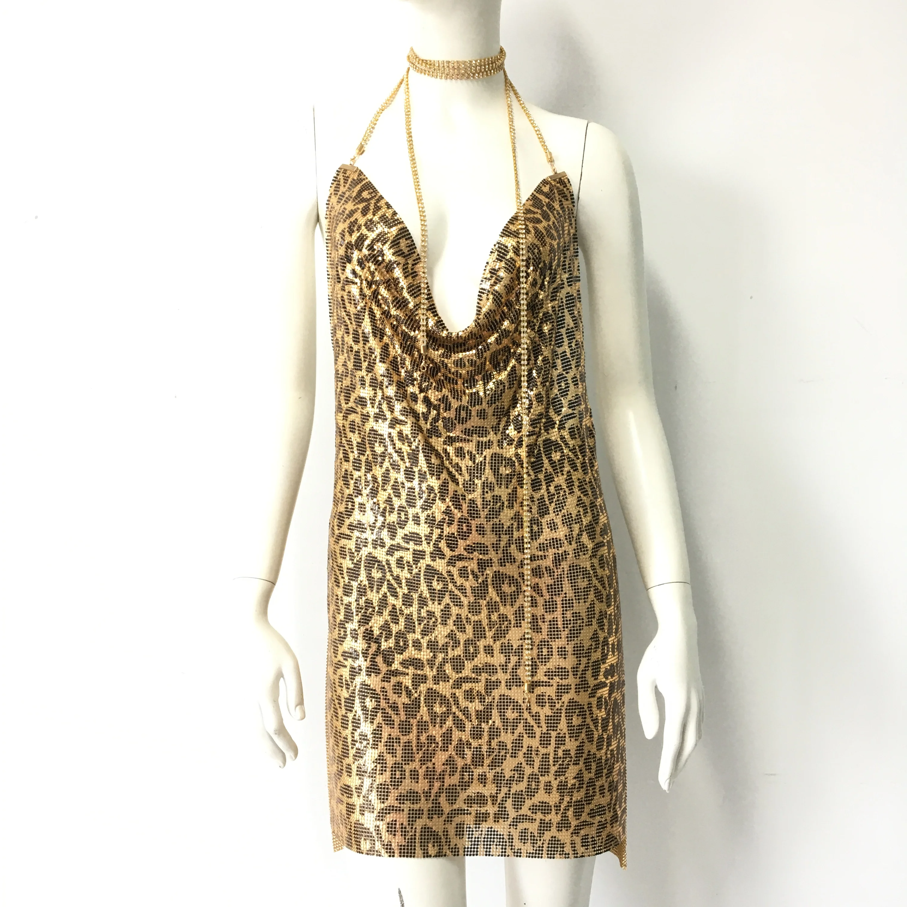Women Leopard Print Metal Sequins Mini Dress Summer Sexy Deep V Neck Backless Halter Neck Party Dress Nightclub Streetwear
