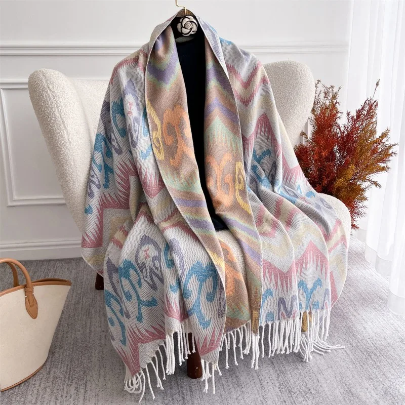 

New winter versatile scarf for women, high-end faux cashmere Korean-style colorful wave-patterned long neck wrap