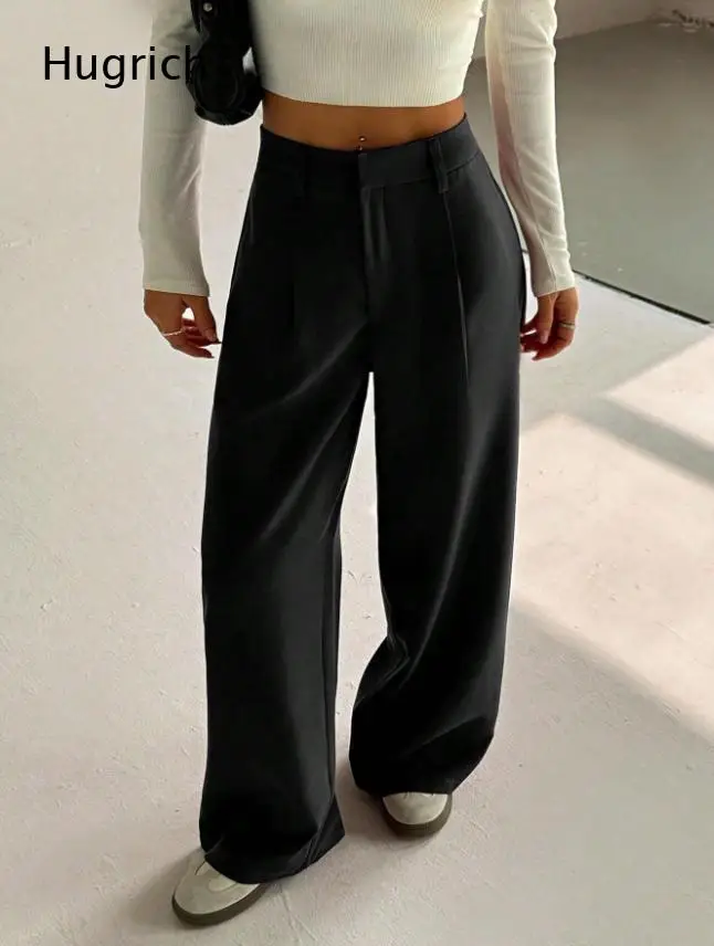 Minimalist Solid Grey High Rise Pants Single Front Pleat Smooth Soft Fabric Oversized Wide Leg Long Pants