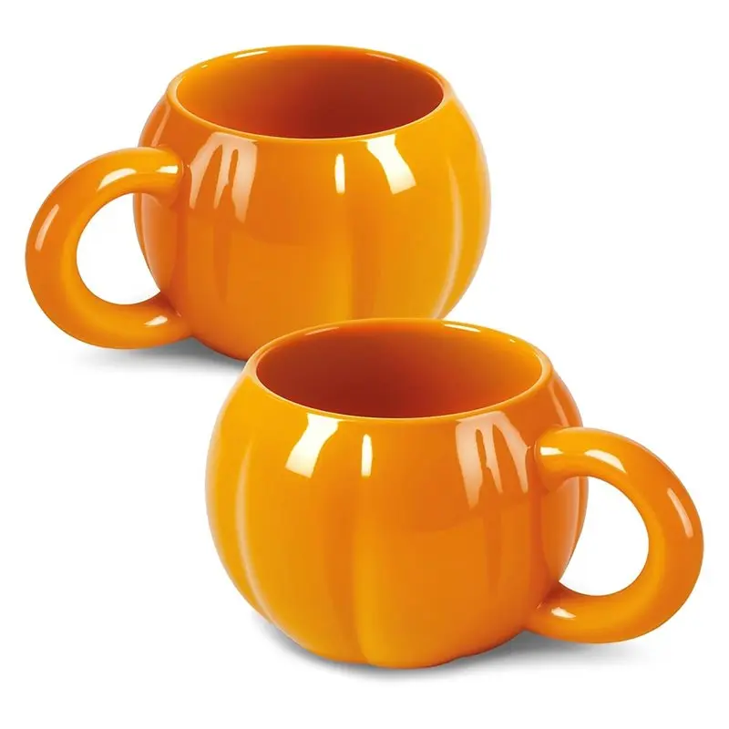 

AB33-Pumpkin Coffee Mugs Set Of 2, Wide Mouth Cups, Heat Repellent, Dishwasher Safe Fall Gift