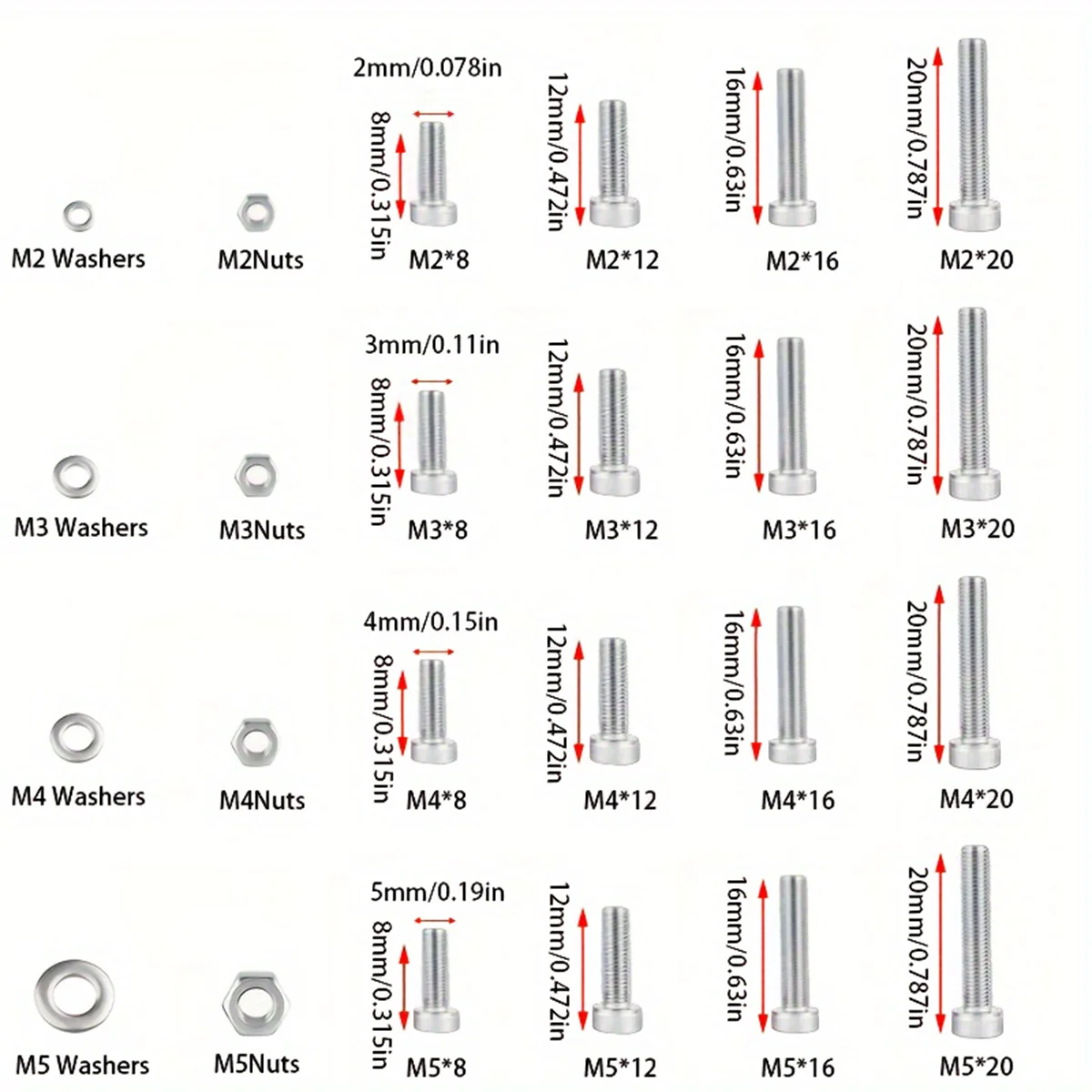520-teiliges Edelstahl Sechskantmutter- und Schrauben-Set - M2, M3, M4, M5, Sechskantköpfe - Inklusive Flachdichtung und Schraubenschlüssel – Detail 5