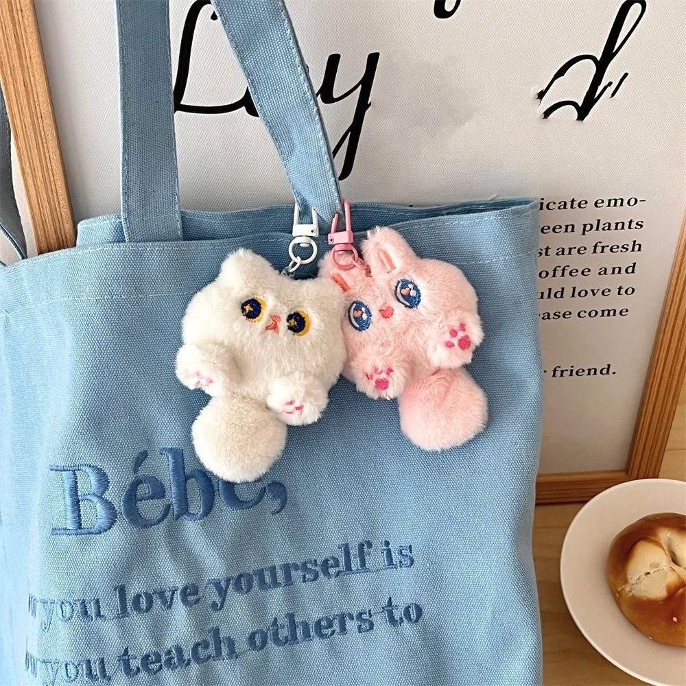 Backpack Decor Soft Cute Cat Plush Keychain Cartoon Funny Rabbit Doll Keyring Stuffed Kawaii Animal Pendant with Tail Kids