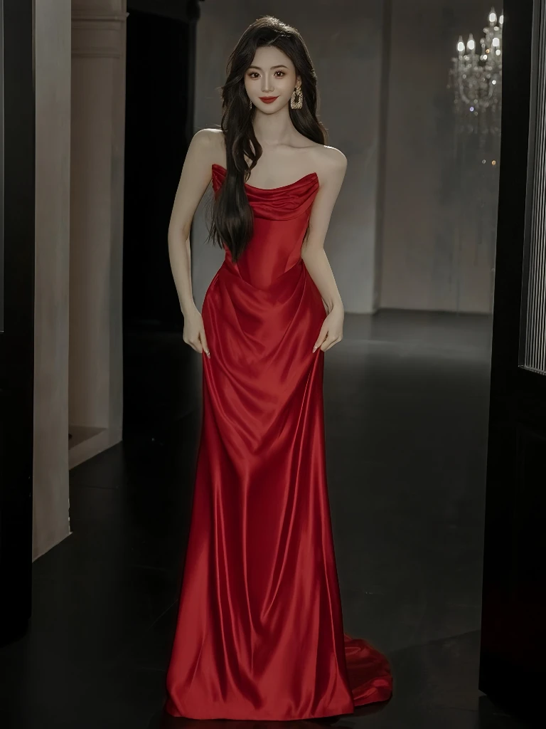 하이엔드 와인 레드 이브닝 가운 주름 장식 인어 슬리밍 민소매 오픈 백 롱 트레일링 공식 행사 칵테일 파티 드레스