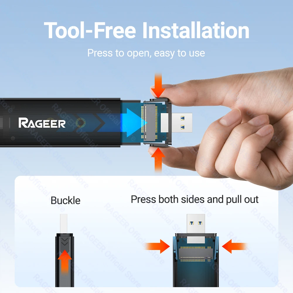 RAGEER 10Gbps M.2 SSD Enclosure - Mendukung NVMe/SATA 2230-2280 Chip RTL9210B Mendukung SSD 2TB Maks Mendukung USB-A+USB-C