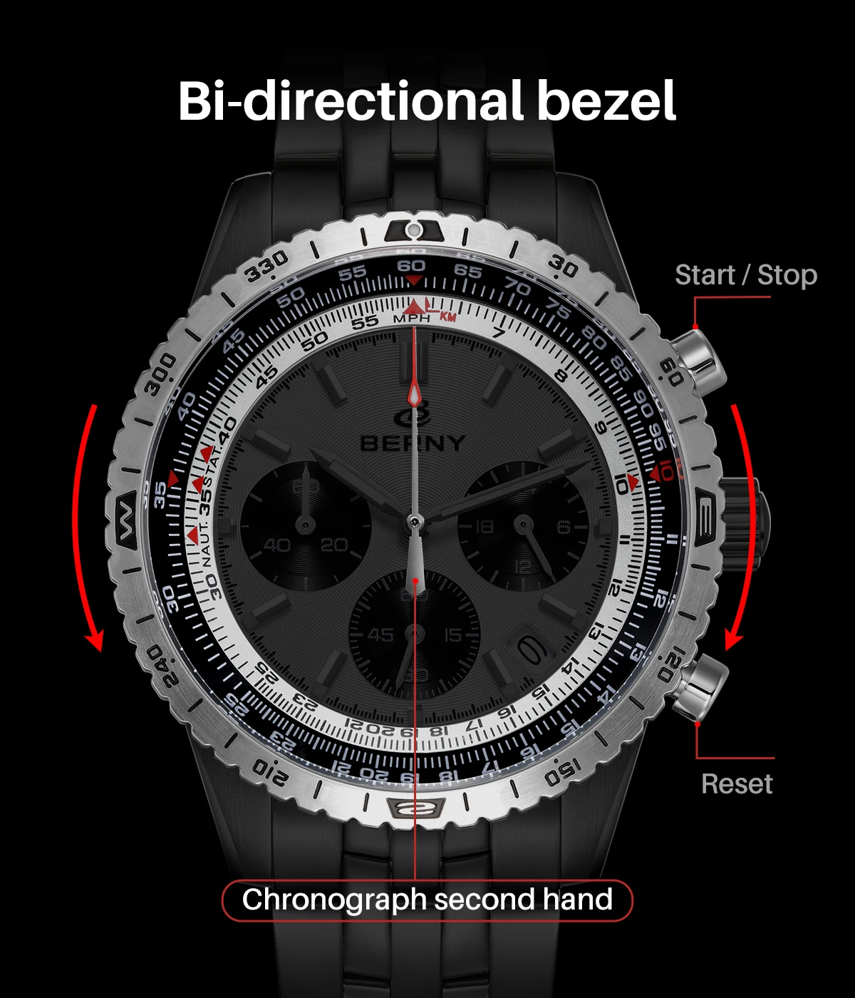 BERNY Chronograph-Uhren für Herren, Luftfahrt-Multifunktions-Quarz-Herrenuhr, Datum, Saphirglas, superleuchtende Luxus-Armbanduhr – Detail 8