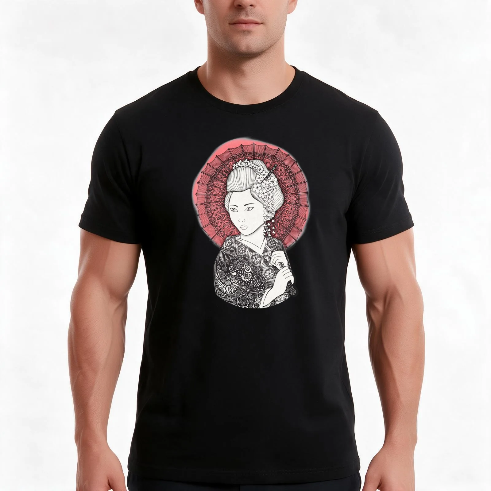 Japanese flag and Geisha T-Shirt, Summer Casual Cotton Tee, Oversized Streetwear Tops, Vintage Graphic Print, Unisex Men Women