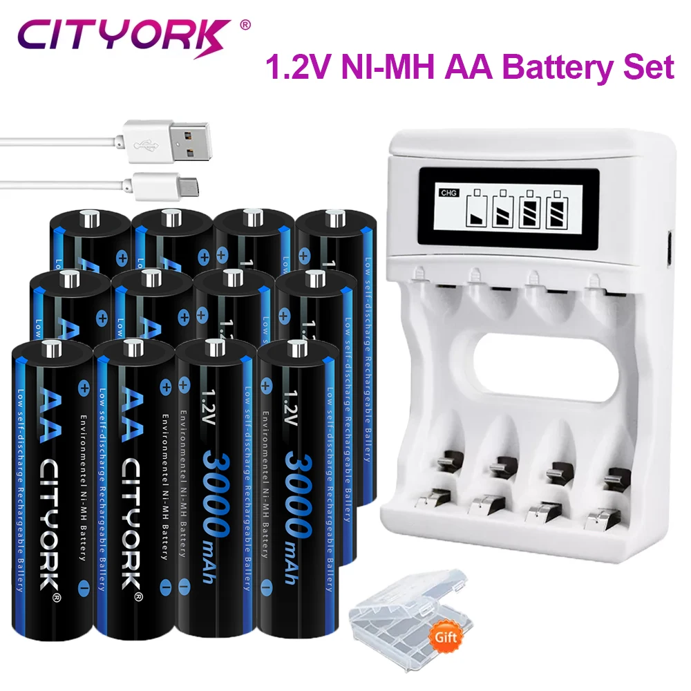 CITYORK AA Rechargeable Battery for NI-MH 1.2V AA 3000mah Batteries with LCD Indicator Charger NI-CD aa Battery for Toy Keyboard