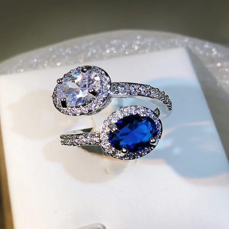 Oval Two-color stitching White sapphire rings for women drop ring luxury noble S925 sterling silver opening adjustable