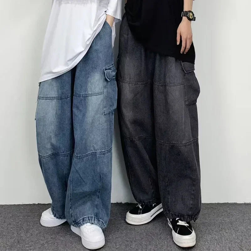 Men New Street Vintage Jeans Male Wide Leg Big Pocket Overalls Y2K Neutral Loose Straight Leg Casual High Street Hip Hop Pants