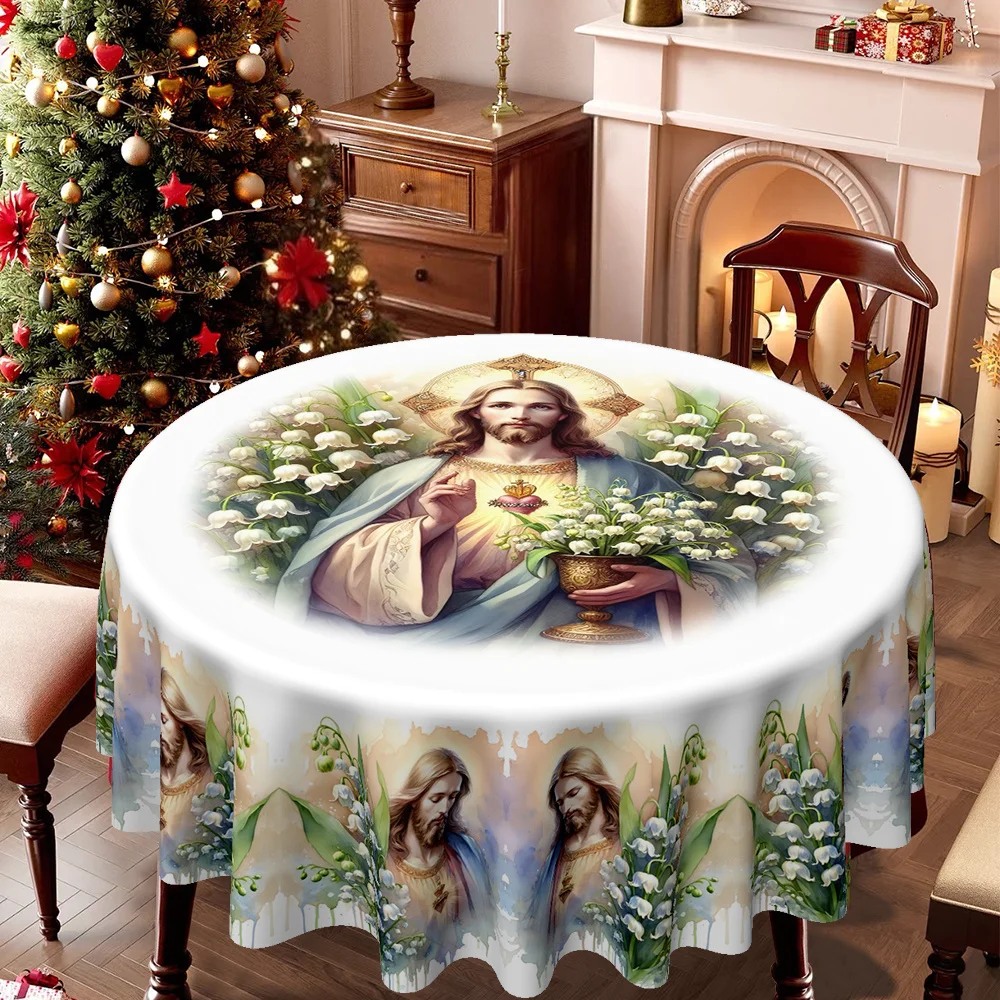 1Pc MerryChristmas Classical Religion Jesus Lily Wreath Print Kitchen Dining Room Round Tablecloth