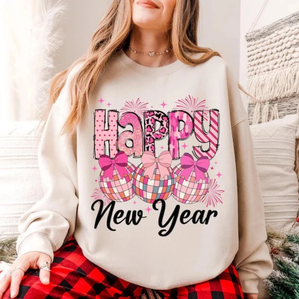 

Happy New Year Unisex Pullover Coquette New Year Sweatshirt 2026 Sweater Retro Party New Year Bow Winter Clothes Women Hoodies