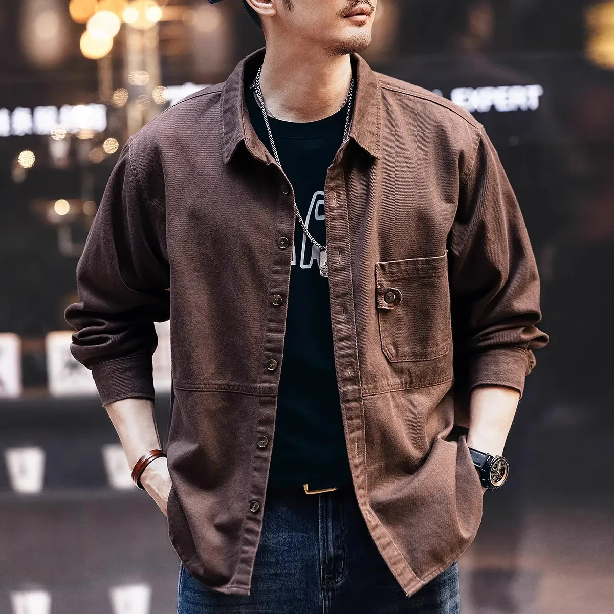 American Retro Tooling Shirt Men's Spring and Autumn Loose Long-sleeved Shirt Jacket