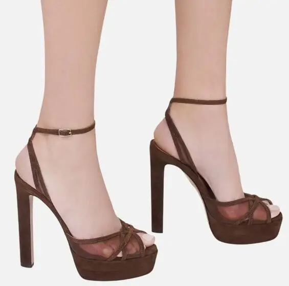 Black Brown Suede and Air Mesh Double Platform Sandals Round Peep Toe Buckle Strap High Heel Sandals Runway High Heels Shoes