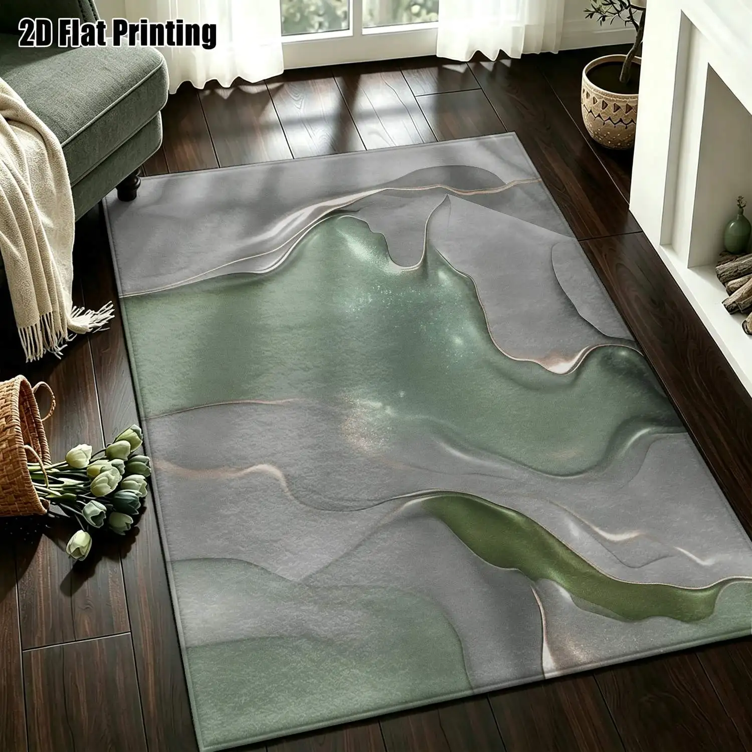 1Pc 2D Printed Gray-Green Abstract Art Modern Minimalist Nordic Instagram Style Geometric Carpet, Machine Washable, Multi-Size, Suitable for Home Decor as a Door Mat, Dining Area Rug, Bedroom Rug, Living Room Rug, Study Rug