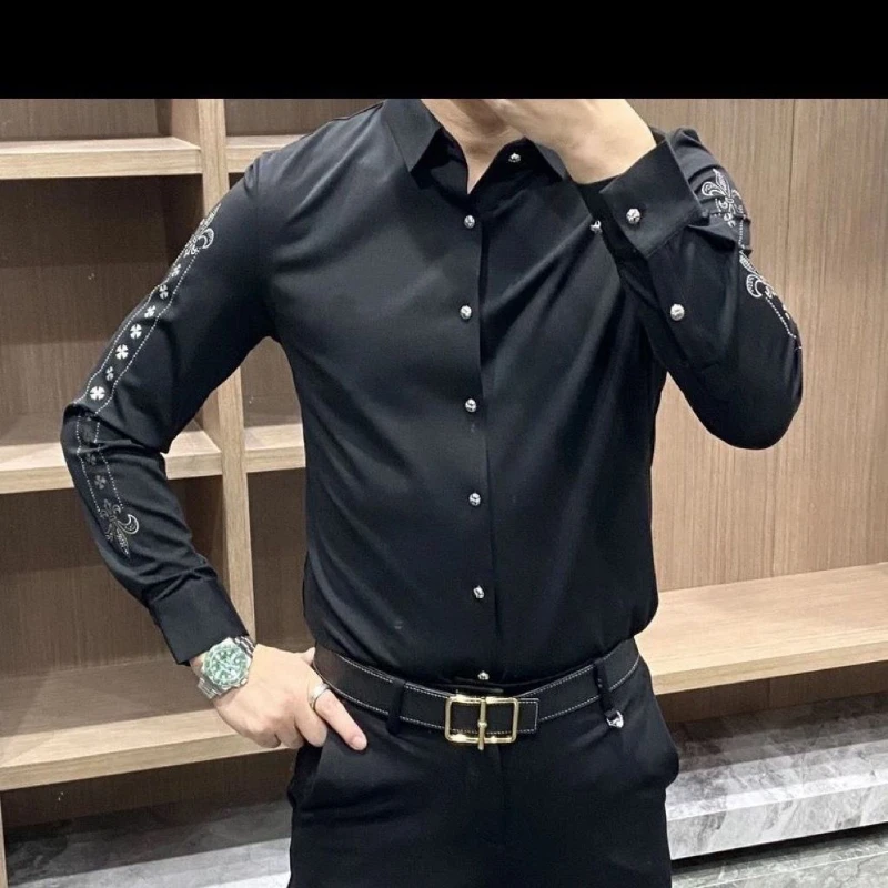 Spring Autumn New Fashion Turn-down Collar Long Sleeve Epaulet Printing Blouse Men\'s Clothing Korean Button Casual Chic Shirts