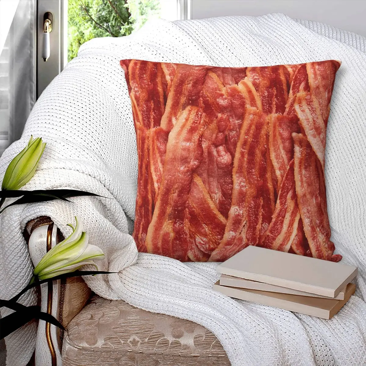 Bacon Texture Funny Food Square Pillowcase Cushion Cover Pillow Case Throw Pillow Cover for Home Bedroom Car