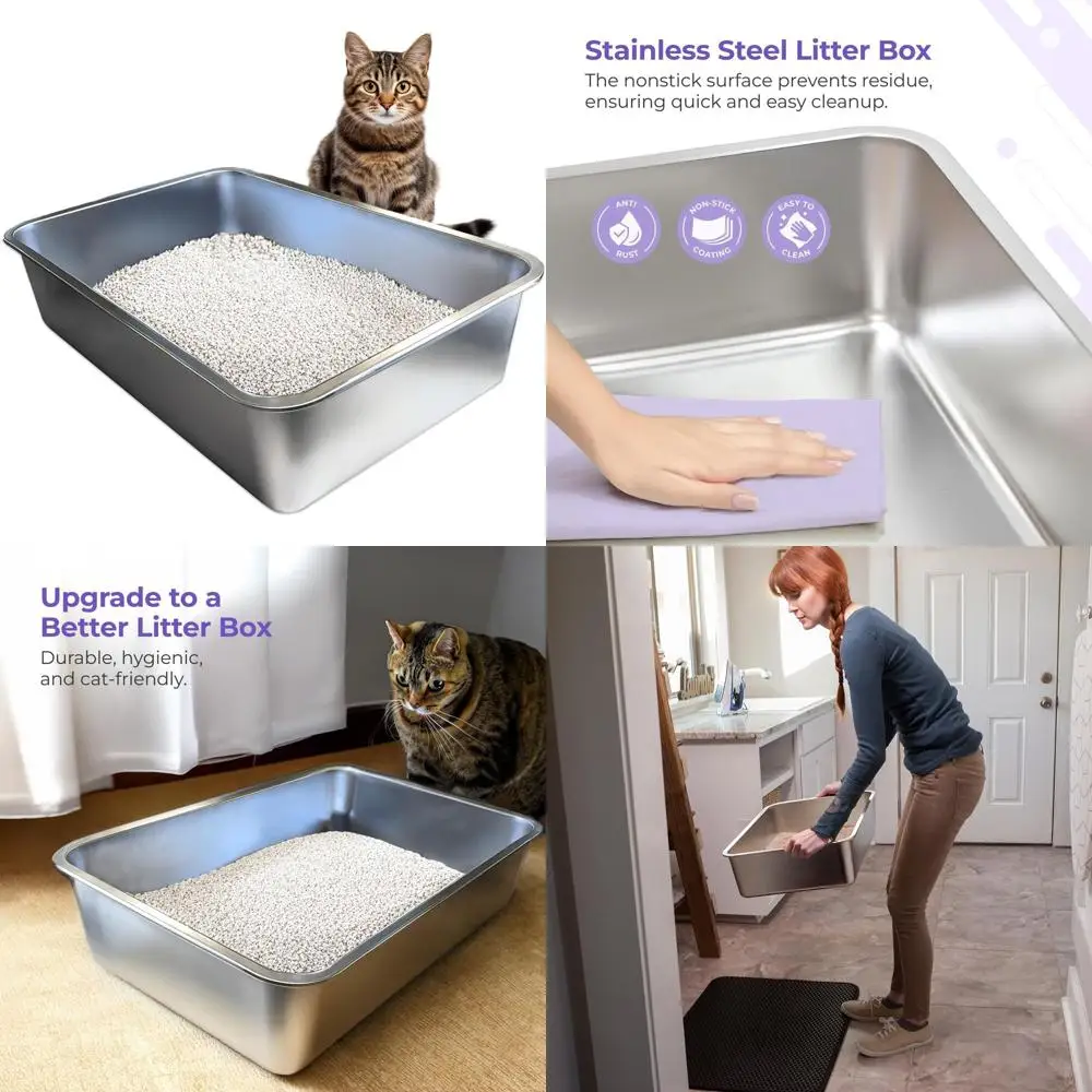 

Очень большой лоток для кошек с антипригарным покрытием, устойчивым к запахам и ржавчине - легко чистится, прочный и вместительный.