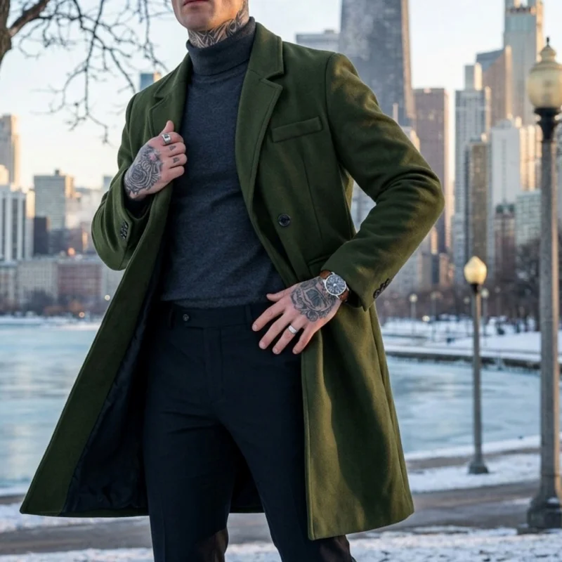 

New Winter Men's Super Long Trench Coat Extended-Length Business Casual & Streetwear Warm Outdoor Wool Blend Long Jacket for Men