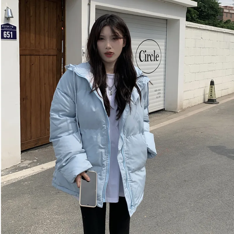 แฟชั่นผู้หญิงเสื้อฝ้ายฤดูหนาว Thicken และอุ่นหญิงเกาหลีสบายๆสีทึบ Hooded Parka Coat