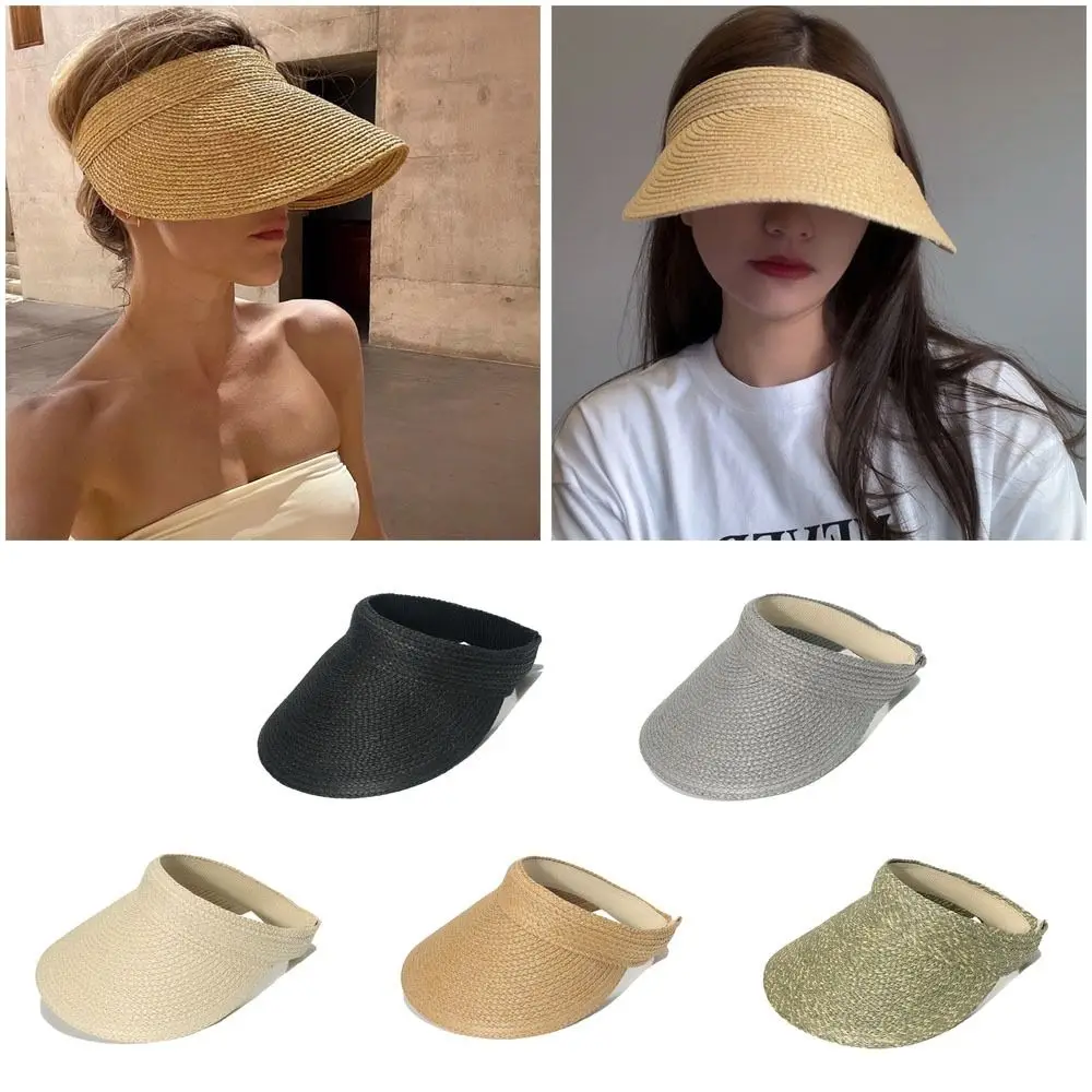 

Fashion Anti-UV Summer Visors Hat Empty Top Breathable Sun Hat Raffia Weaving Empty Top Hat for Outdoor Hiking