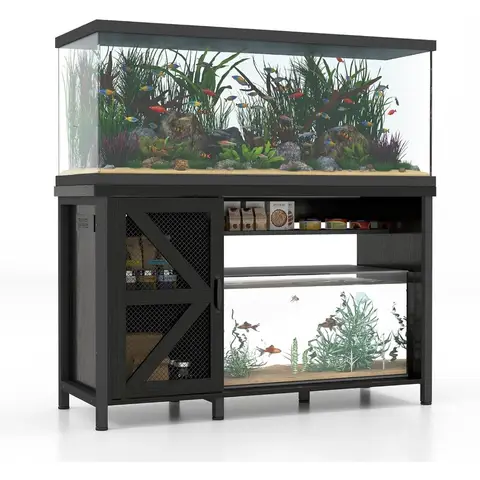 Wooden Aquarium Stand for 55-75 Gallon Tanks with Storage, Power Outlets, and LED Lighting