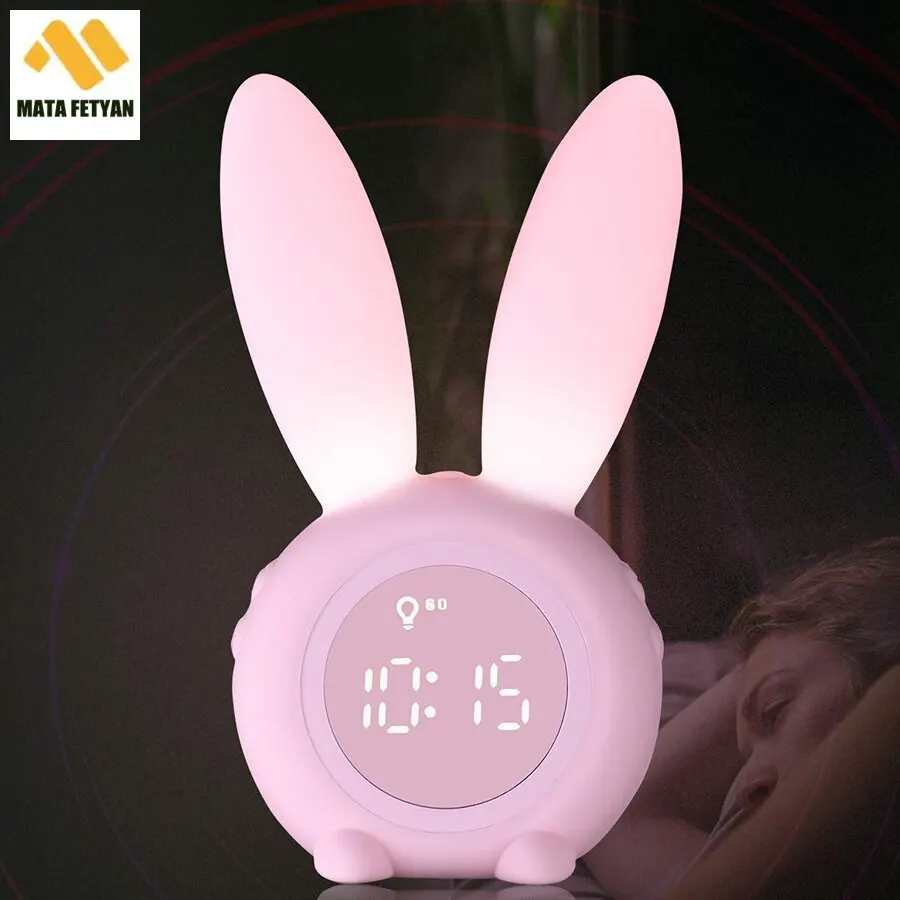 

Cartoon Digital Alarm Clock Night Light LED For Bedroom Table Timer Snooze Function Rechargeable Wiresless Cute Bunny Kids Gift