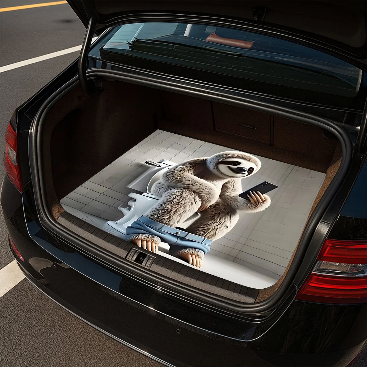 1pc Non-Slip Stylish Car Trunk Mat, Featuring A Funny Sloth Playing With A Phone On A Toilet Pattern Design - Durable Material,