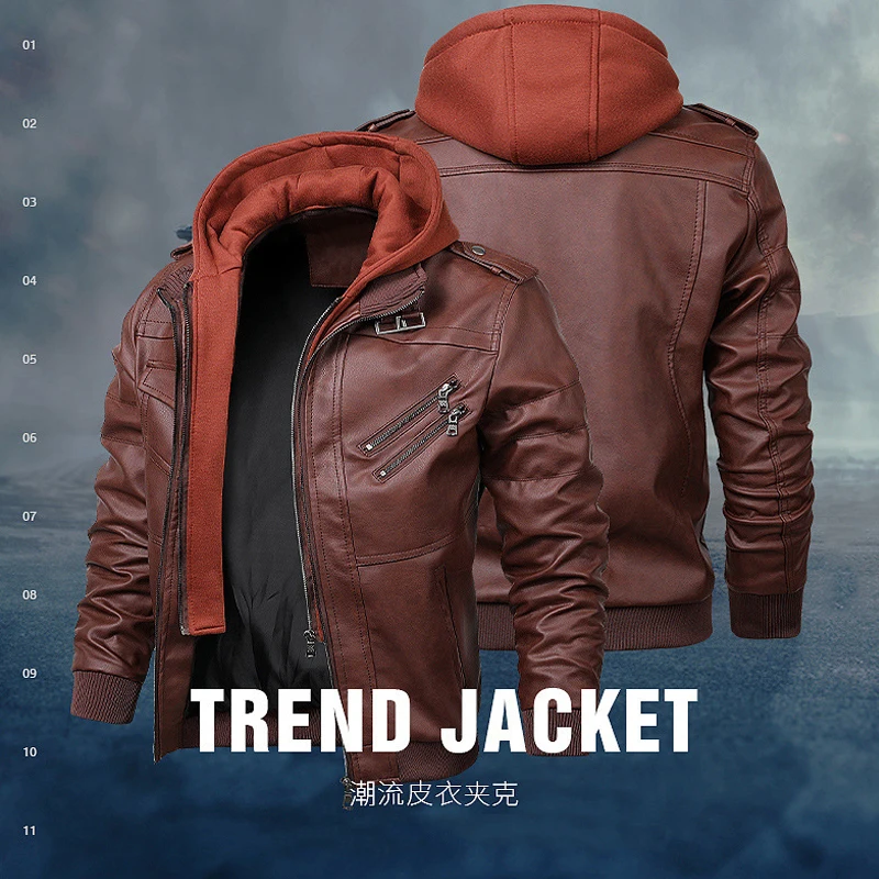 

Men's Fashion Leather Jackets Spring Autumn Motorcycle PU Leather Jacket Casual Detachable Hoode Zipper Coats Trendy Streetwear