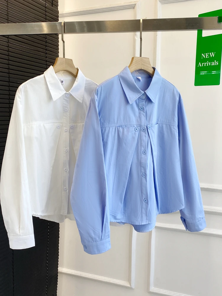 Camisa feminina azul solta de manga comprida moda chique recortado popeline camisa botões lapela gola camisas senhoras casuais topos