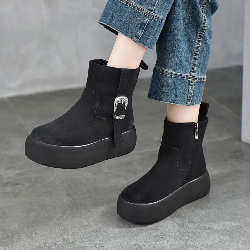

Women's Matte Cowhide Plus Velvet Warm Cotton Shoes Winter New Thick-soled Snow Boots Genuine Leather Belt Buckle Cotton Boots