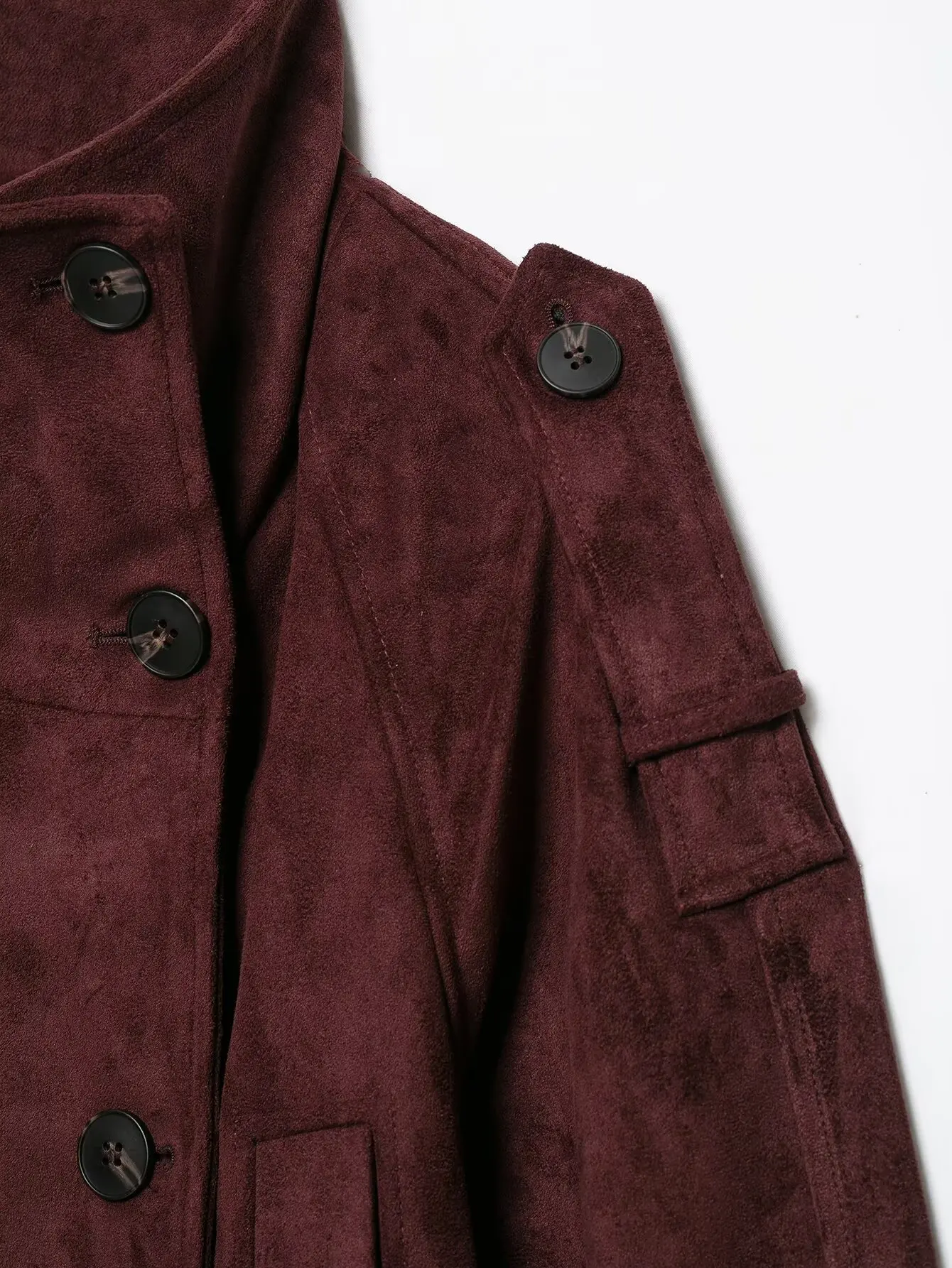 BSAY 2026 Commuter-Style Damenjacke aus Kunstwildleder, Burgunderrot, Stehkragen, Doppelreihig, mit Gürtel, Langarm, Kurze Oberbekleidung – Detail 6