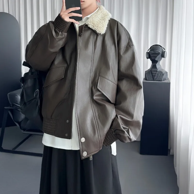 

Американские кожаные утепленные куртки мужские пушистые отложной воротник с длинным рукавом мужское пальто осень-зима уличная свободная мото байкерская верхняя одежда